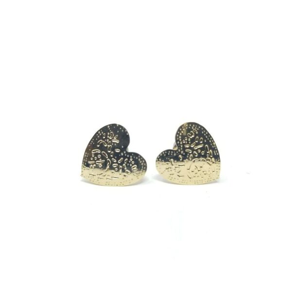 Vintage Little Etched Heart Stud Earrings, Gold Tone Posts, Small, Estate - Picture 1 of 5